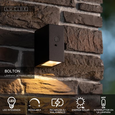 Lucide BOLTON - Lámpara de pared - Energía solar - LED Regul. - 1x1W 3000K - IP54 - Sensor movimiento & día/noche - Negro